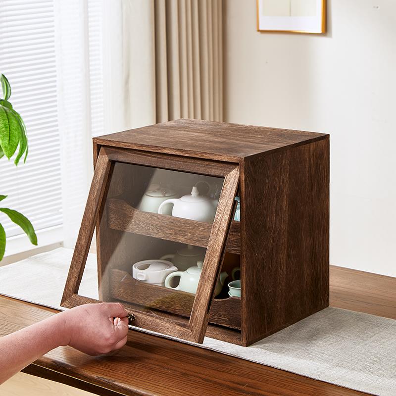 实木桌面茶具杯具防尘咖啡杯收纳柜手办展示柜家用化妆品陈列柜子