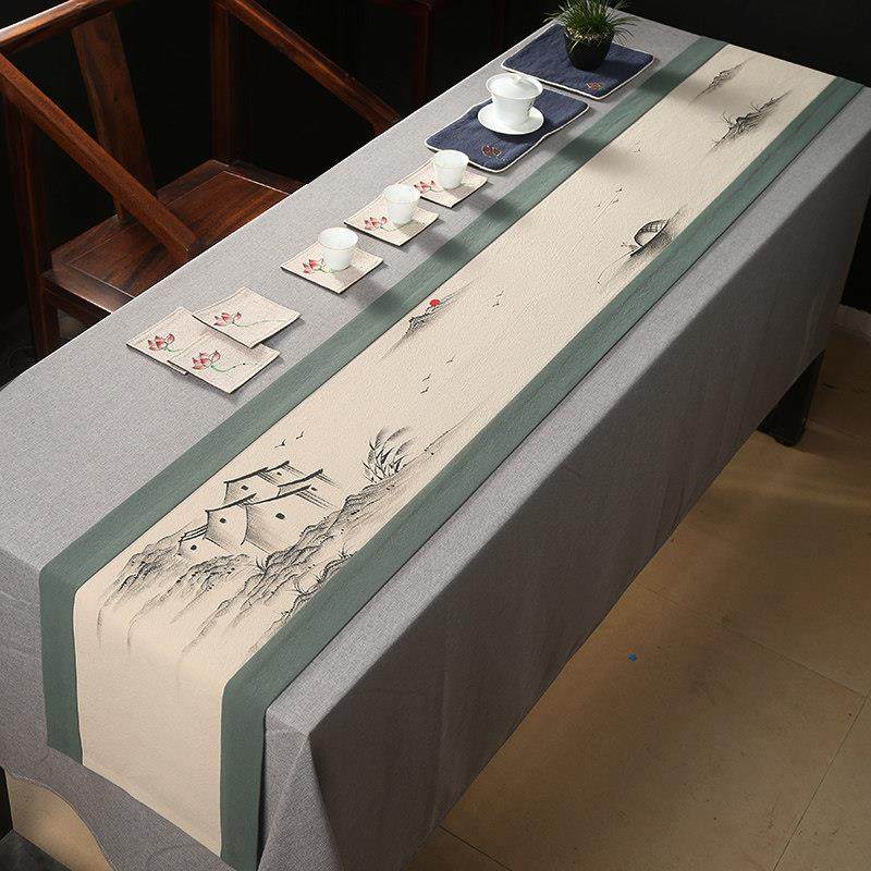 手绘茶席桌旗中式禅意棉麻布艺亚麻茶旗台桌布复古茶道茶杯垫定制,居家布艺,桌旗,淘宝优惠券,粉丝福利购,淘宝优惠卷