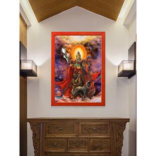 二郎神杨戬画像实木相框摆件显圣真君神像哮天犬天神将军家用挂图