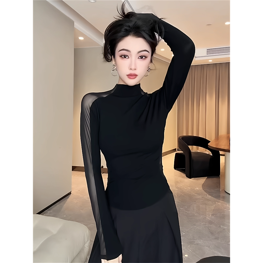 网纱性感修身显瘦长袖打底衫2025春秋季女款百搭气质微透内搭上衣