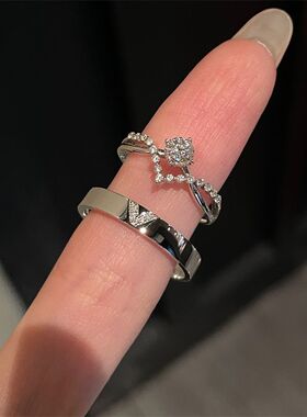 婚礼V型情侣戒指新款仿真钻戒ins风高级可调精致百搭送女友
