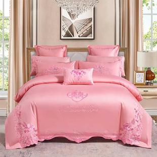 田园绣花粉红纯棉床上四件套刺绣100全棉四季 款 被套床单结婚床品
