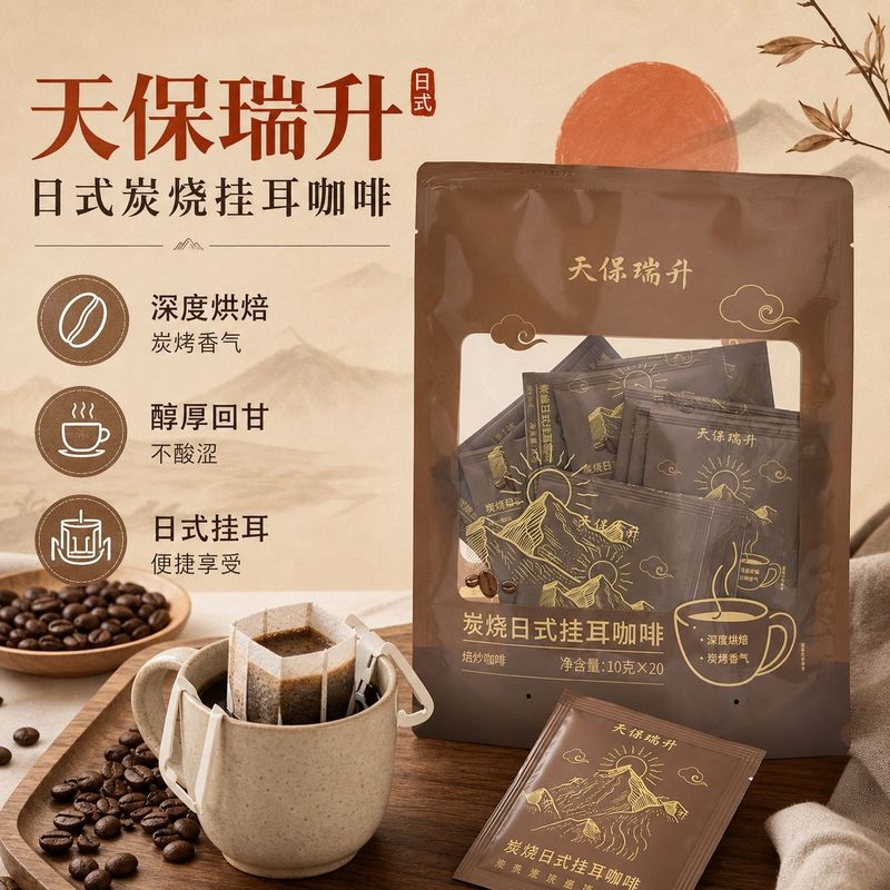 挂耳咖啡美式手冲黑咖啡炭烧日式便捷冲泡天保瑞升挂耳式咖啡20杯