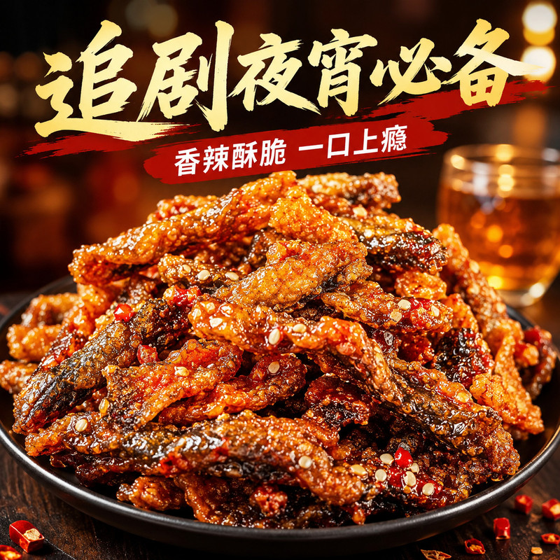 新货香辣鱼皮蜜汁甜辣鳕鱼皮干海鲜鱼产鱼皮丝水产高品质零食30g