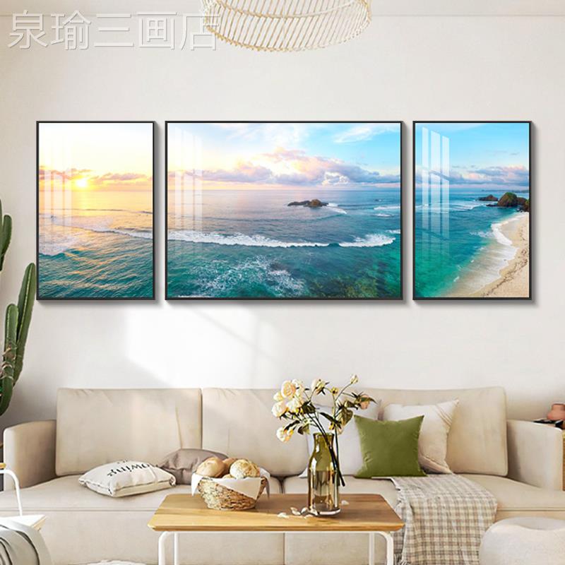 网红北欧客代厅装饰高级侘景寂风三联感海景壁画简约现沙画发背墙图片