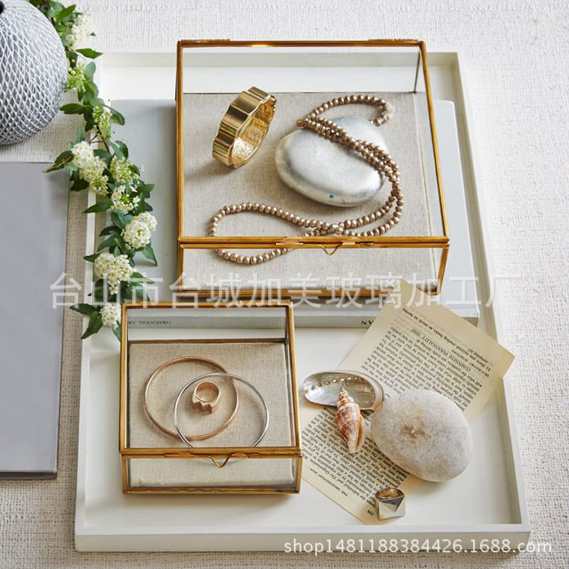 欧美复古做旧铜色方o形玻璃花房珠宝首饰盒古董收纳盒展示道具