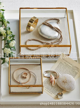 欧美复古做旧铜色方o形玻璃花房珠宝首饰盒古董收纳盒展示道具