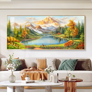 聚宝盆客厅装 饰画手绘o油画沙发背景墙挂画日照金山壁画轻奢高级