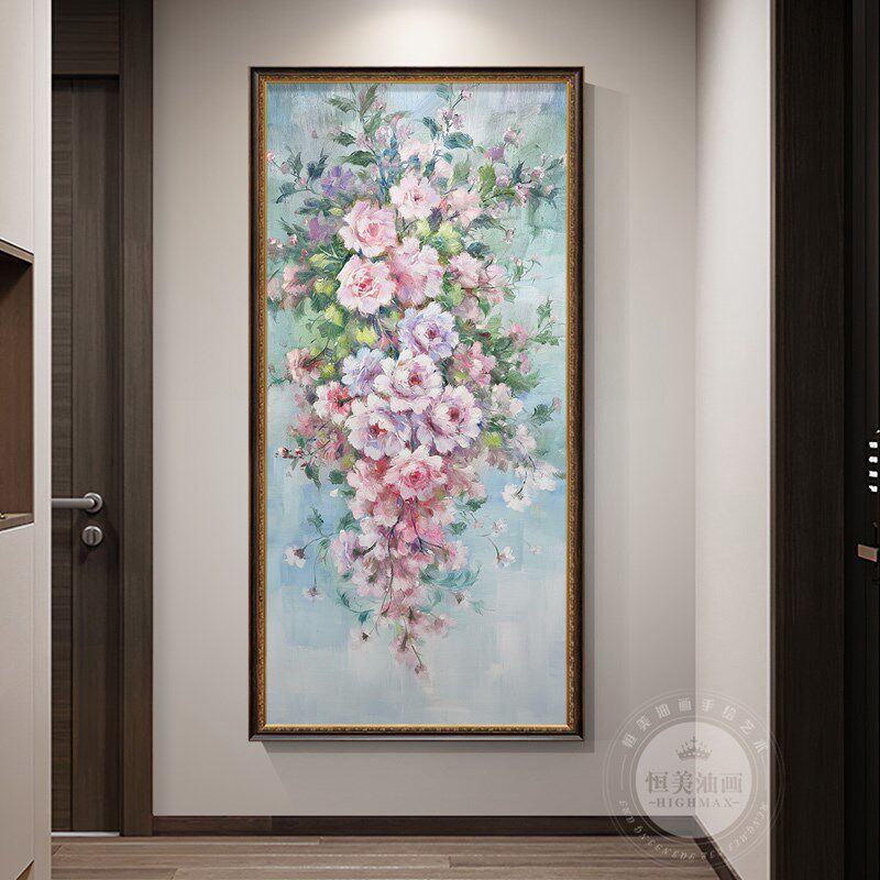 入户油画纯手绘厚油立体肌理轻奢装饰G画玄关竖版牡丹花开富贵挂