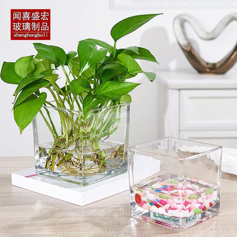 正方形水培玻璃透明方缸插花花瓶方型烛台无土栽培花盆定植篮