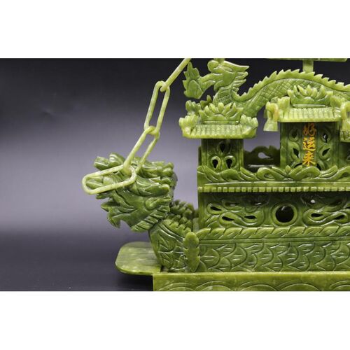 天然南玉38cm长一帆风顺龙船玉雕摆件工L艺品精品客厅办公室送礼