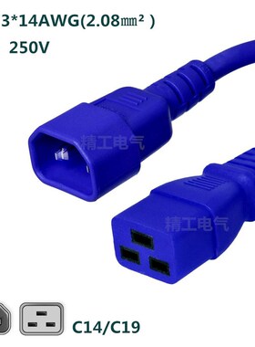 彩色PDU电源延长线C14转C19红色蓝色服务器电源线15A美国3X*14AWG