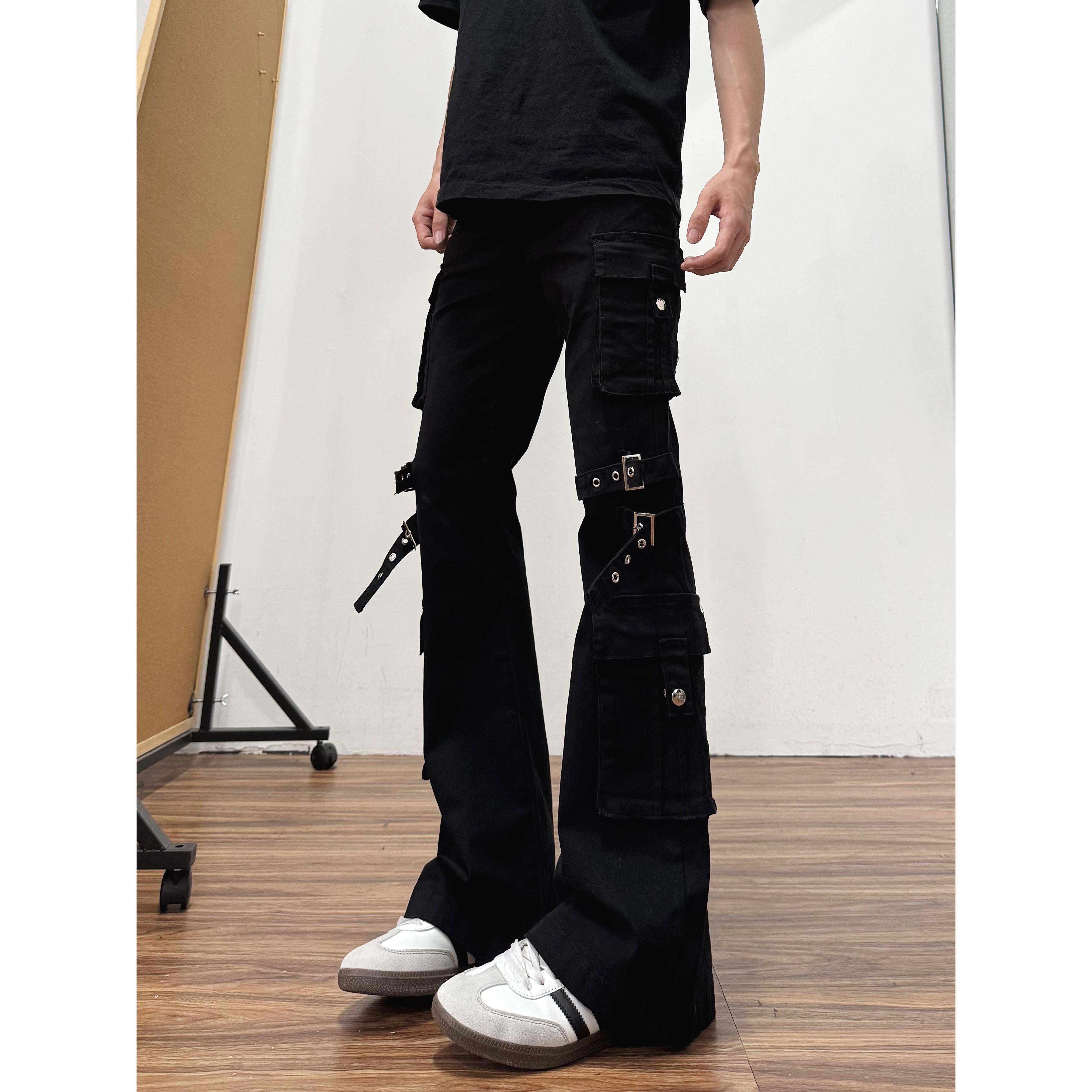 qt studio黑色绑带多口袋工装牛仔裤男美式高街微喇休闲裤子夏季