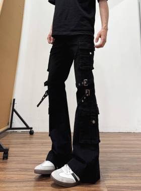 qt studio黑色绑带多口袋工装牛仔裤男美式高街微喇休闲裤子夏季