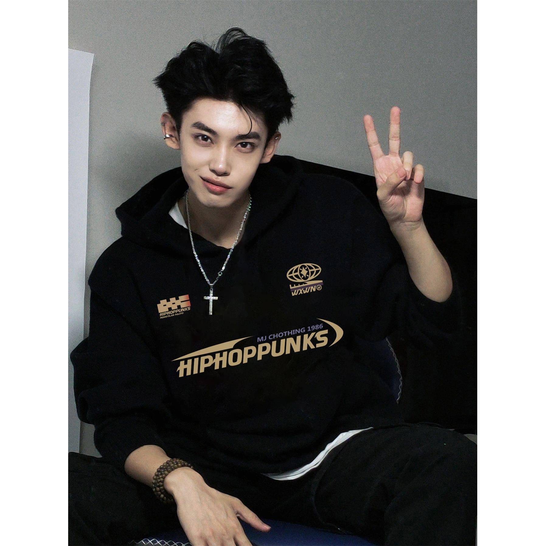 FOMK国潮牌重磅卫衣硬挺美式印花连帽男生复古秋冬季加厚加绒外套