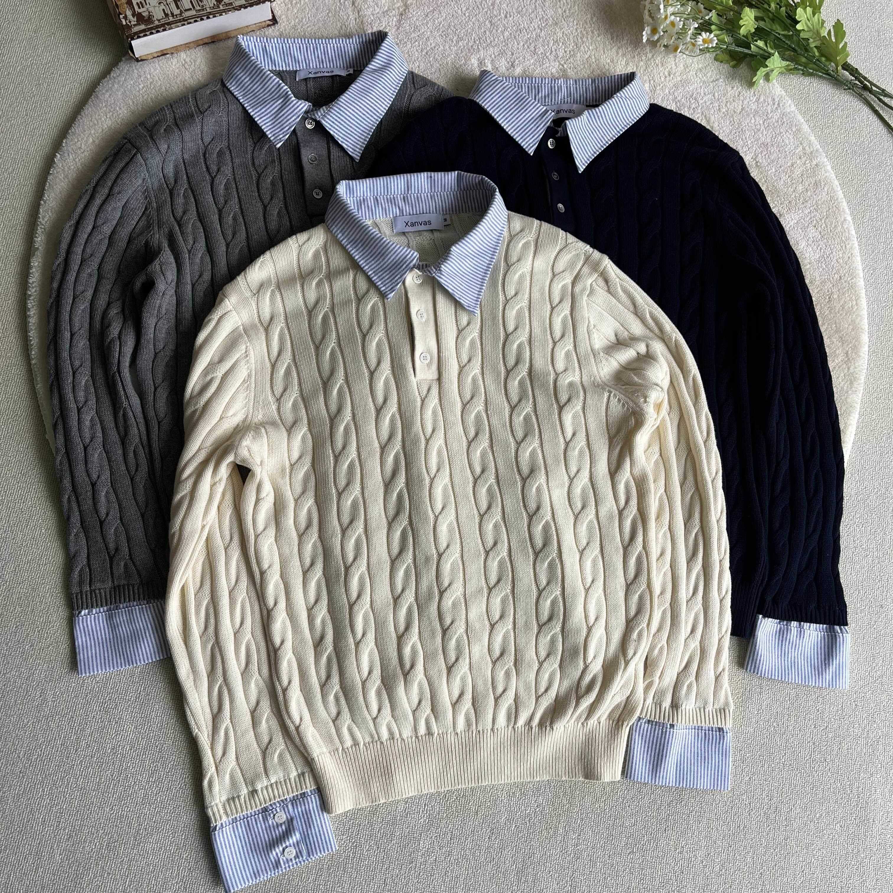 Xanvas绞花假两件拼接条纹长袖毛衣针织衫老钱风cleanfit