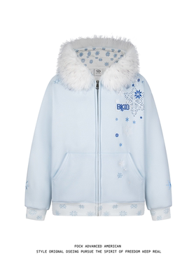 FOCK原创设计冰晶雪花连帽开衫卫衣外套女男秋冬新款宽松拉链上衣