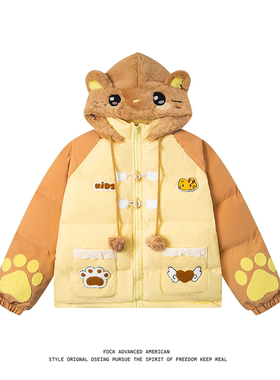 FOCK原创设计趣味魔术贴猫咪立耳拼接连帽棉服女可爱软萌保暖外套