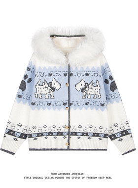 FOCK原创美式毛领提花连帽针织开衫费尔岛小狗毛衣女秋冬新款外套