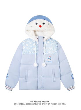 FOCK原创设计可爱毛绒雪人刺绣拼接连帽棉服女秋冬加厚保暖外套萌