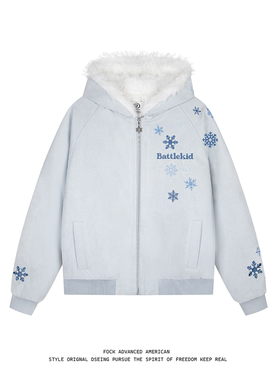 FOCK美式复古冰晶雪花刺绣麂皮绒外套男女冬季情侣连帽座山雕棉服