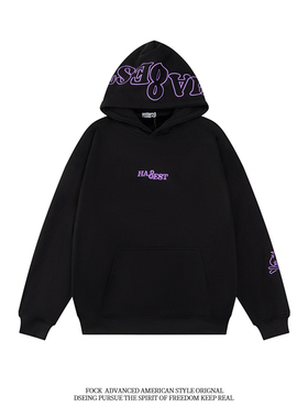 FOCK 复古美式重磅刺绣小火苗春秋冬款连帽卫衣男女宽松情侣外套