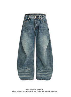 FOCK美式复古水洗做旧褶皱弯刀牛仔裤男女宽松显瘦显腿长百搭长裤