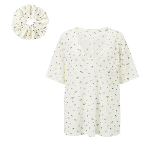 Burgundy Floral Tee 勃艮第小野花宽松大领口T恤头花套装