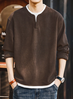 格蓝鹿高端咖色假两件V领长袖T恤男秋冬季新款内搭卫衣打底亨利衫