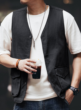 格蓝鹿美式复古黑色牛仔马甲男士秋季宽松牌户外痞帅坎肩背心外套