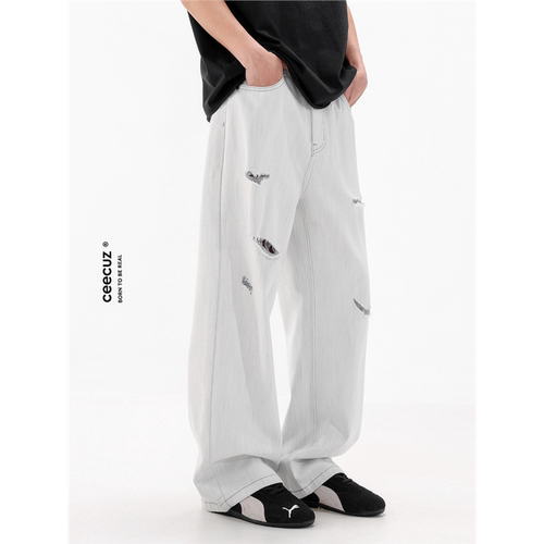 Ceecuz 轻薄垂感透气双纱肌理白色破洞牛仔裤男款阔腿浅灰休闲裤