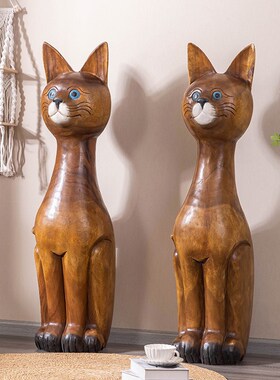 泰国木雕工艺品暹罗猫招财猫开业礼物摆件客O厅家居发财猫生意兴