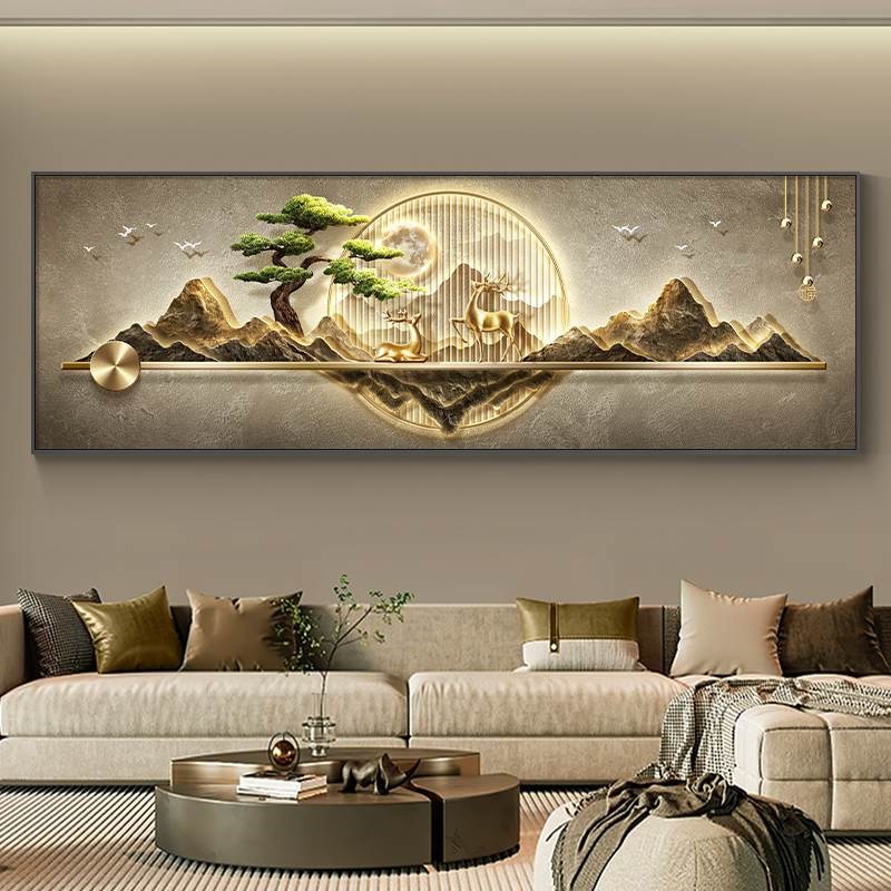 现代轻奢a客厅装饰画新中式大气沙发背景墙画山水画迎客松茶室挂