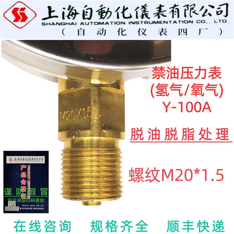 禁油压力表Y-100A上海自动化仪表四厂1F.6Mpa4/2.5/10氢气氧气