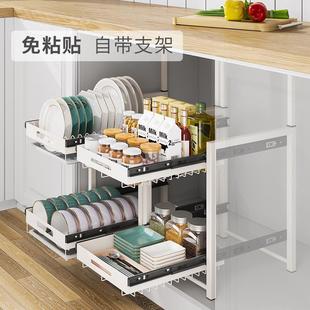 抽拉碗碟架拉篮免打孔置物架滑轨道碗盘沥水厨房橱柜内碗碟收纳架