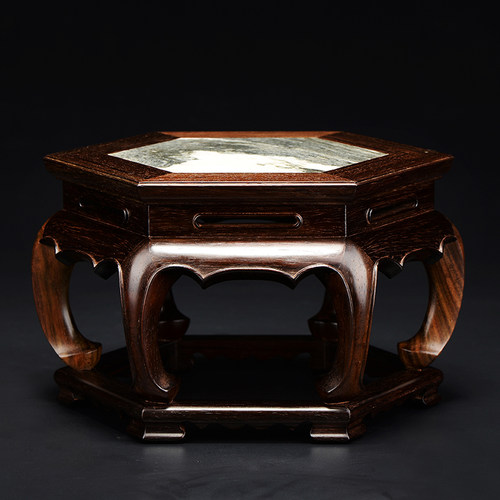 大红酸枝嵌大理石六角底座家x居客厅摆件花瓶木架花盆栽架红木底