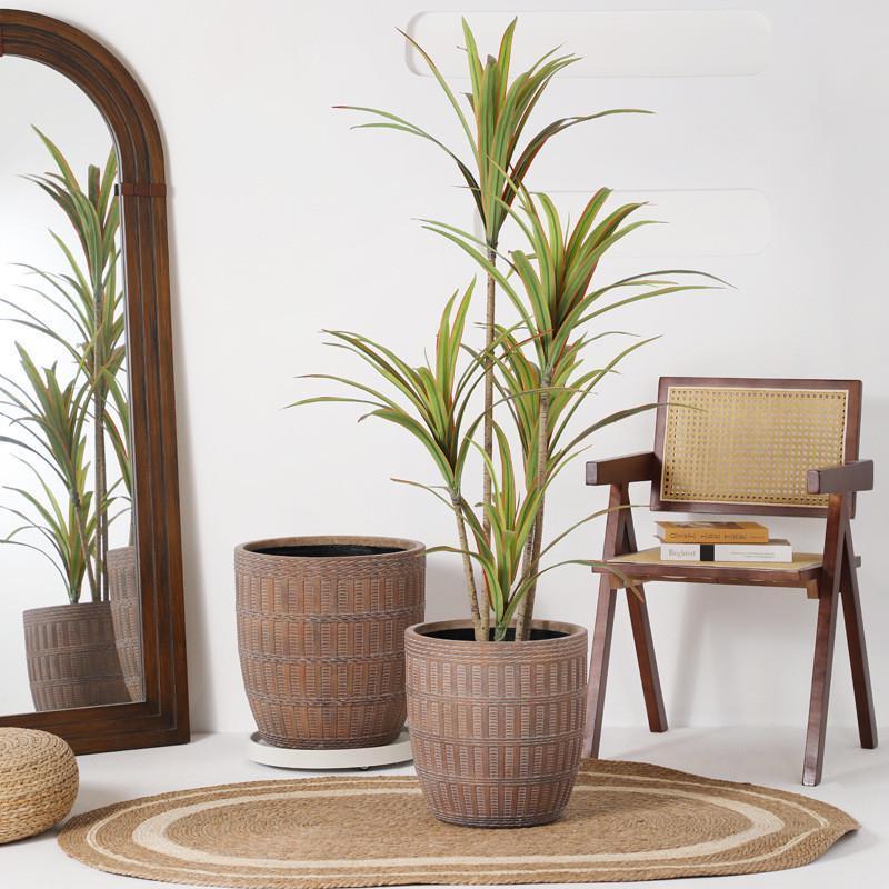 藤编篮子器型大口径镁泥托盘带滚轮花盆落地盆散尾葵孔雀木琴叶榕