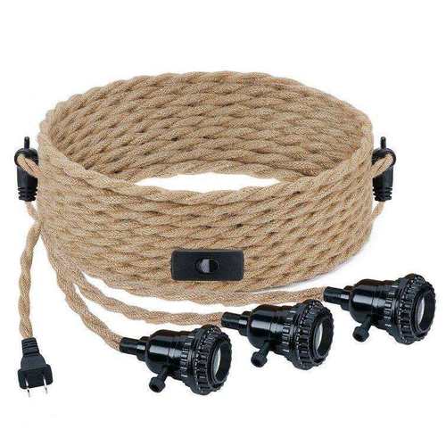 美规工业麻绳吊灯插入式铁艺吊灯带插头麻绳悬挂灯餐厅酒吧壁灯