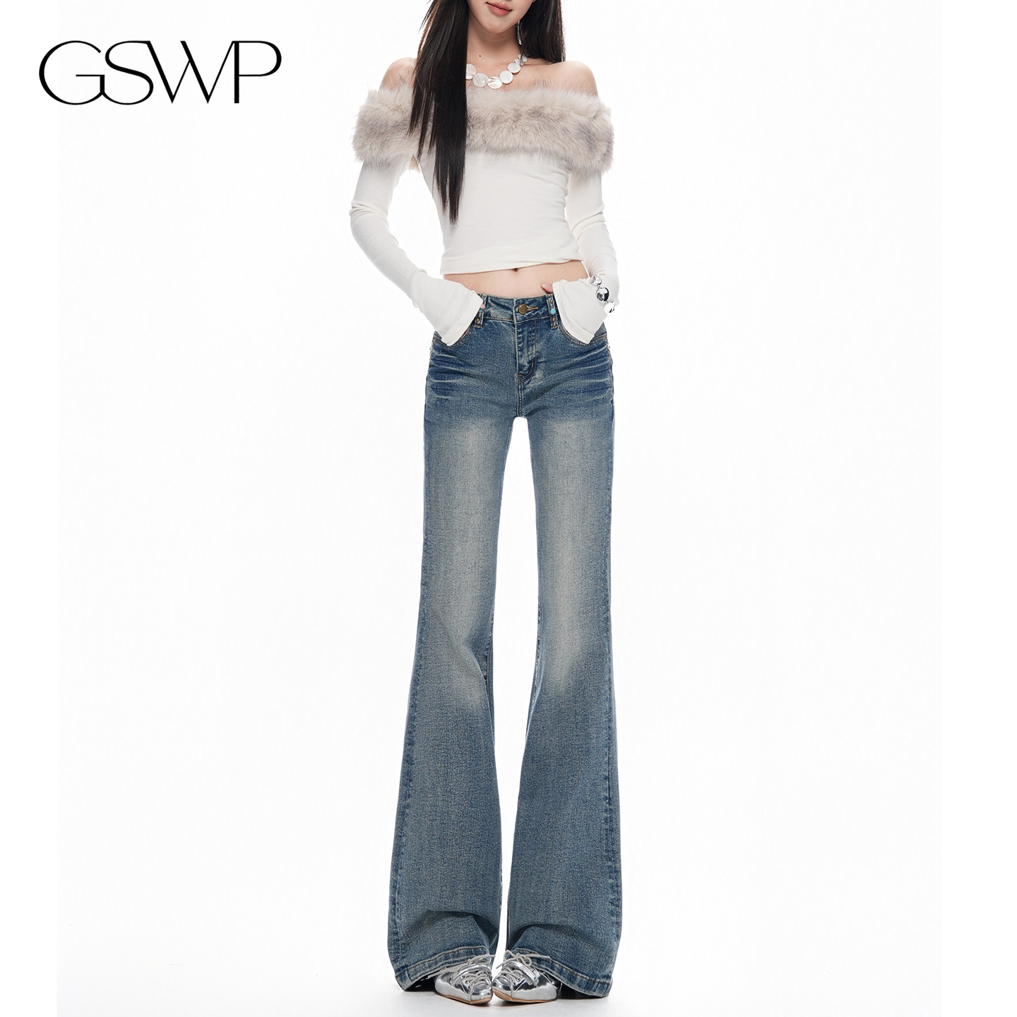 GSWP低腰微喇牛仔裤女长裤显瘦修身