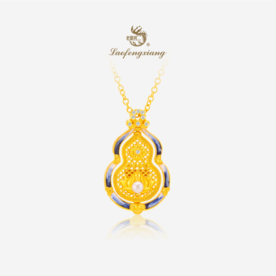 老凤祥官方黄金项链足金999黄金珍珠钻石好运连连福禄吊坠结婚