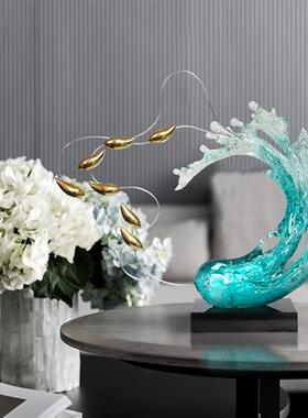 现代轻奢透明树脂雕塑浪花摆件酒店样板房家居客厅玄关装饰工艺品