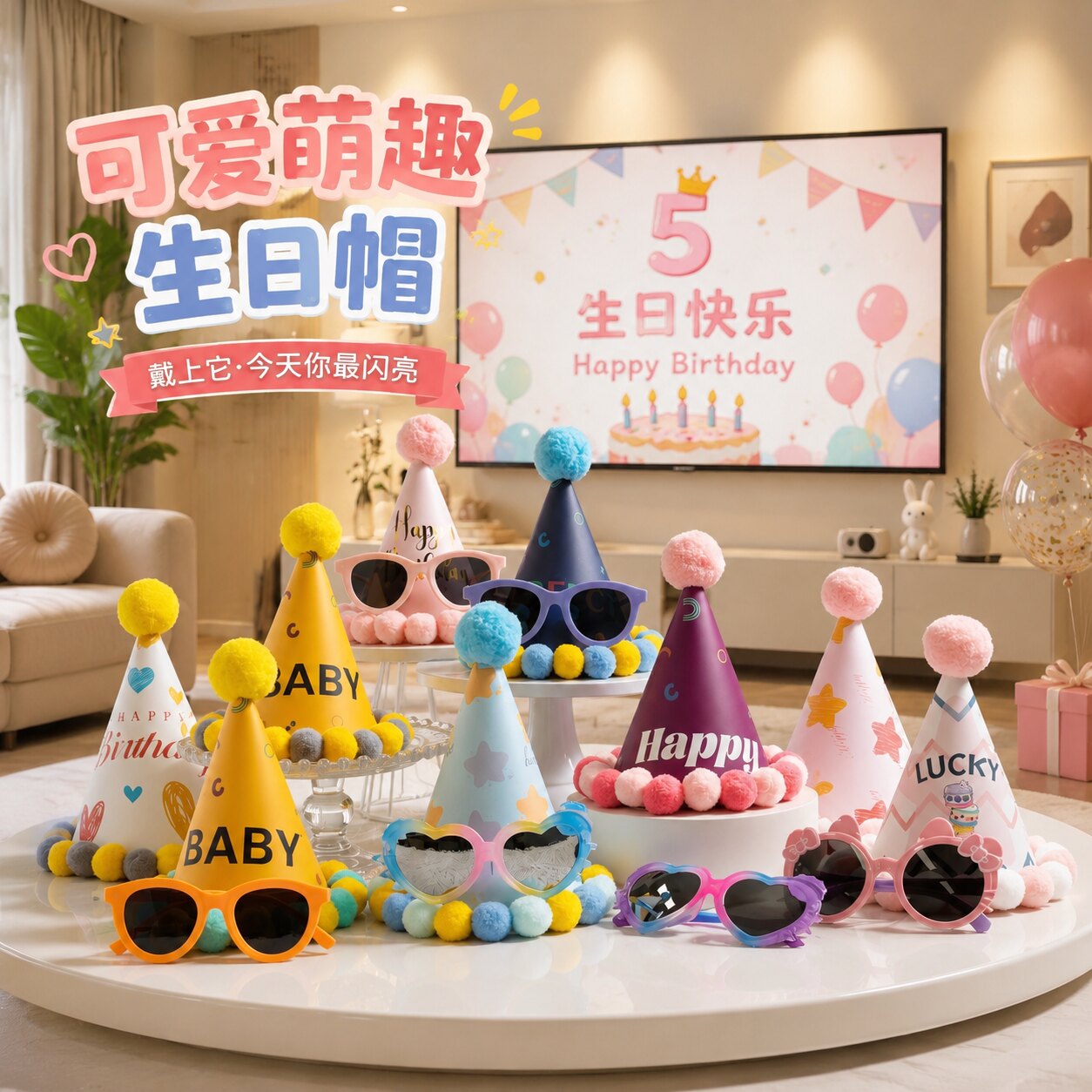 网红ins风毛球宝宝生日眼镜套装