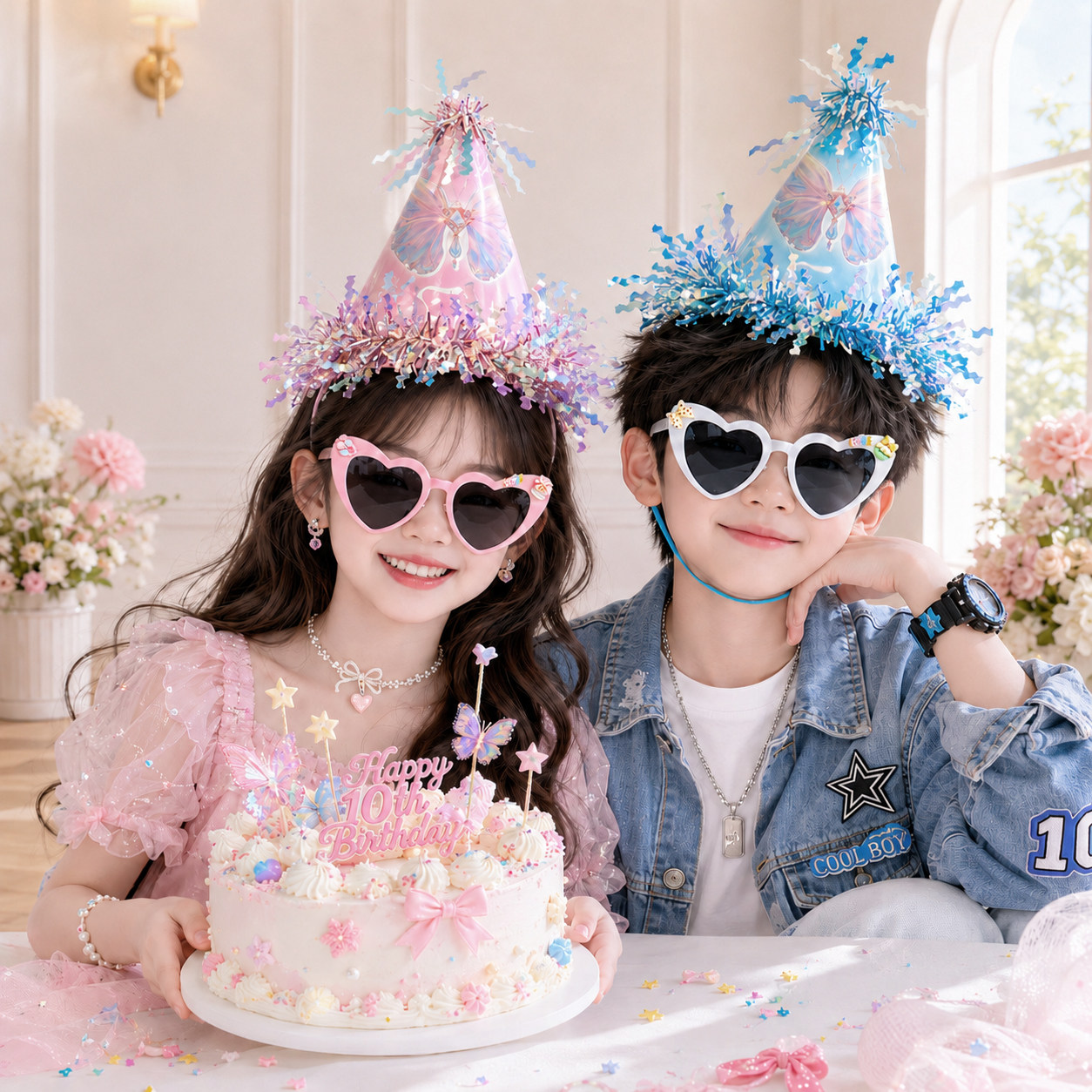 网红蝴蝶生日帽儿童成人派对装饰七彩蓝流苏拍照道具搞怪风惊喜帽