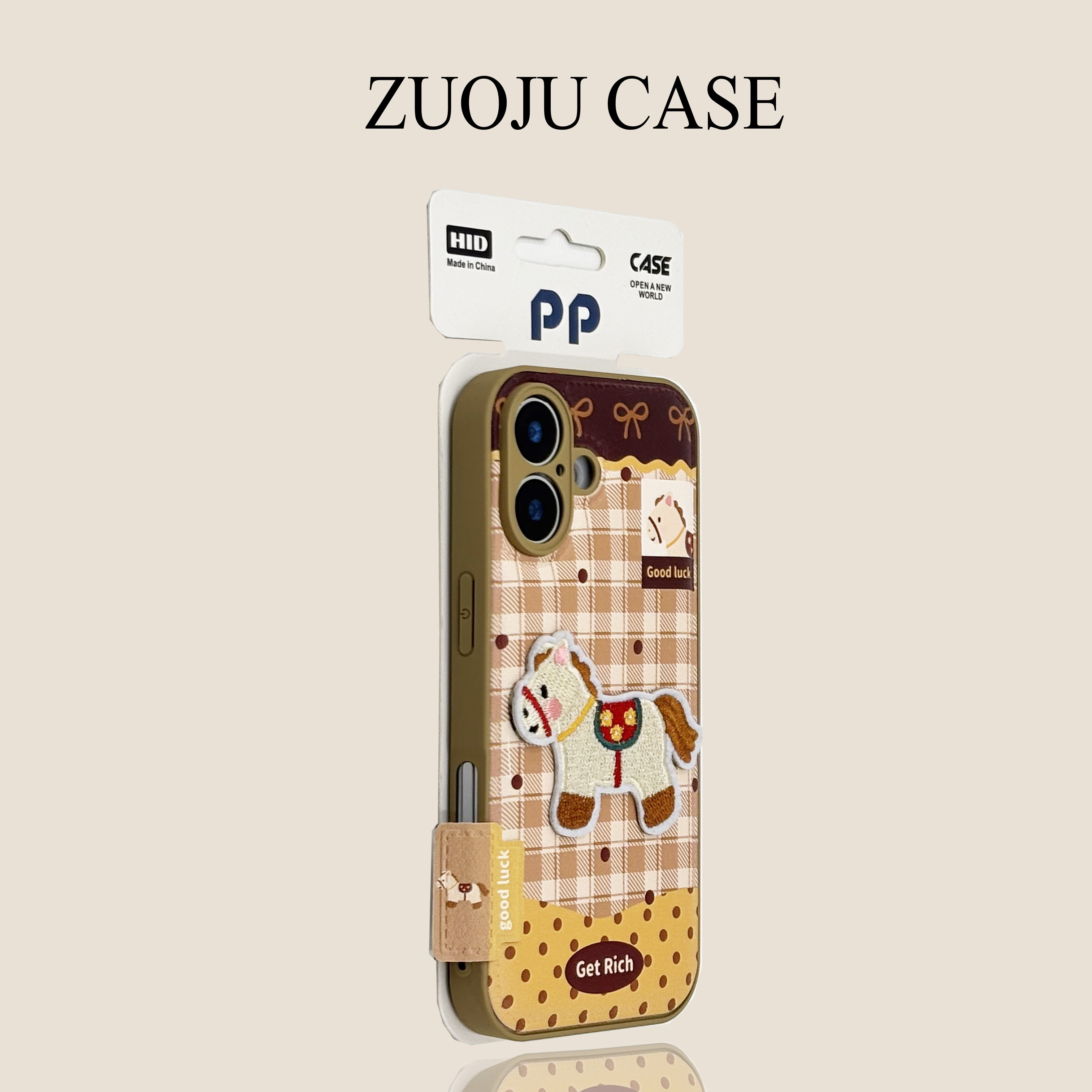 棕皮纹格纹拼接黄波点蝴蝶结小马苹果17手机壳新款iphone17