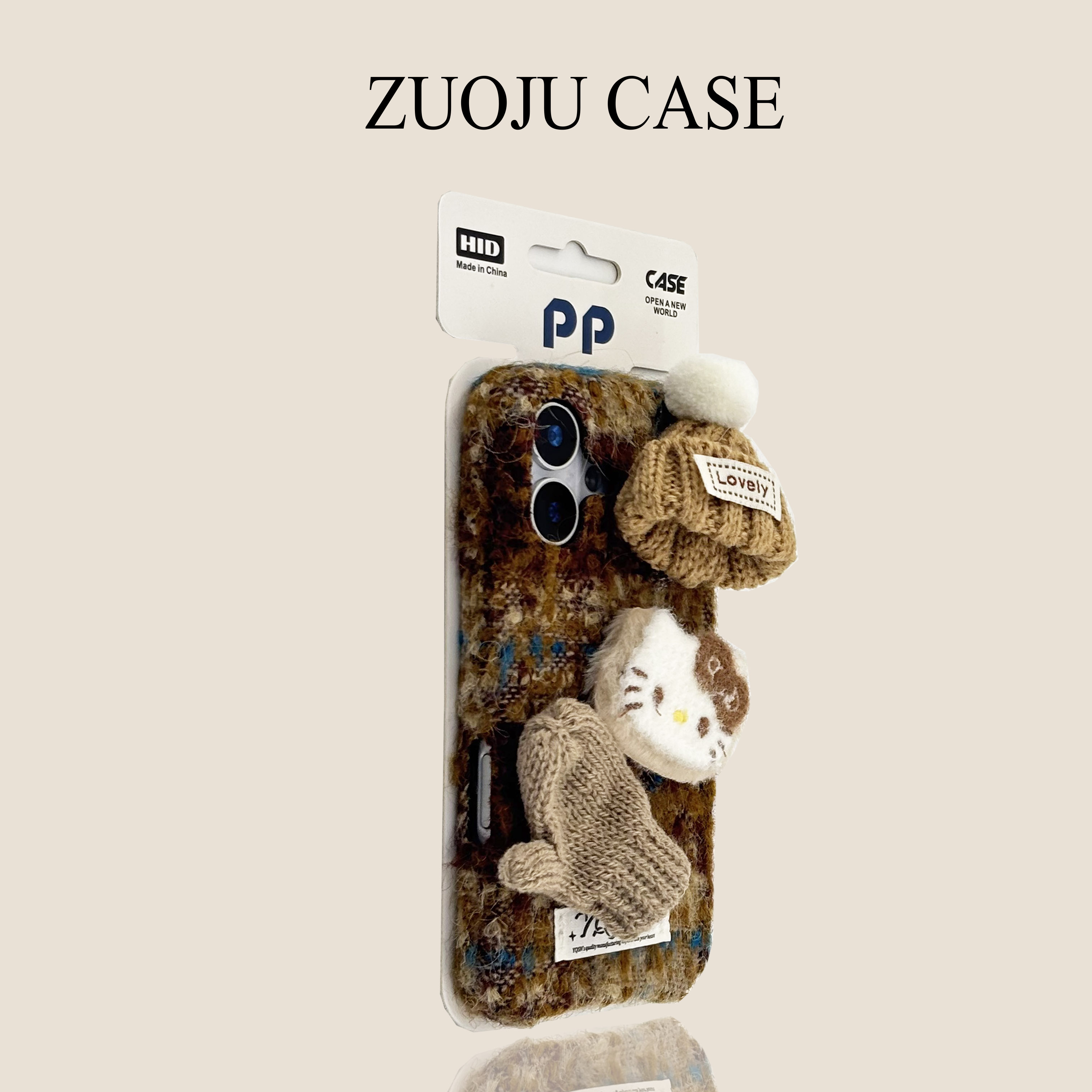 灰棕蓝格纹绒布标签帽子KT猫适用苹果17手机壳新款iphone17promax秋冬全包苹果16promax苹果15pro防摔13女14