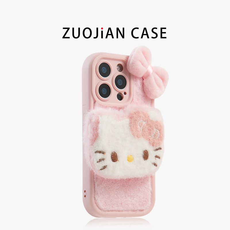 秋冬款毛绒蝴蝶结kitty猫适用苹果17手机壳苹果16promax新款iphone17pro保护套15防摔14硅胶13全包12ProMax女