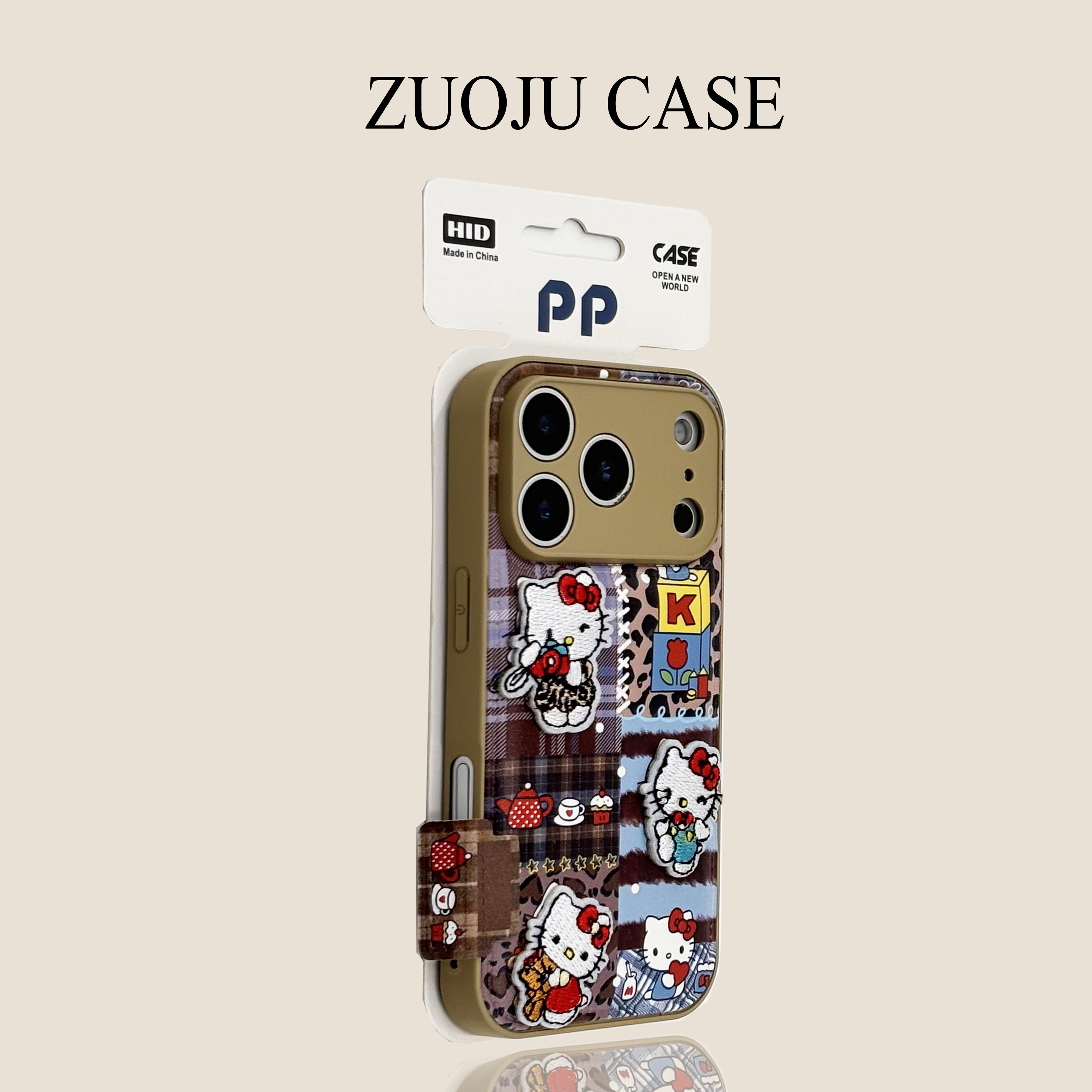 棕皮纹拼接豹纹刺绣KT猫苹果17手机壳新款iphone17promax全包硅胶套苹果16ProMax小众苹果15pro防摔女款14pm