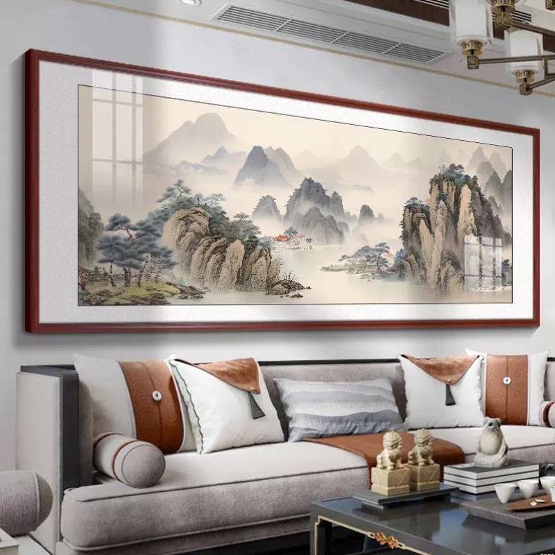 山水画客厅挂画新中式R沙发背景墙装饰画横幅茶室办公E室靠山图壁