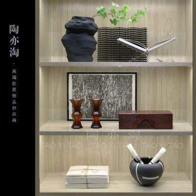 新中式书柜组合摆件书房陈列展示玉璧花器首饰盒青铜琉璃花瓶装饰