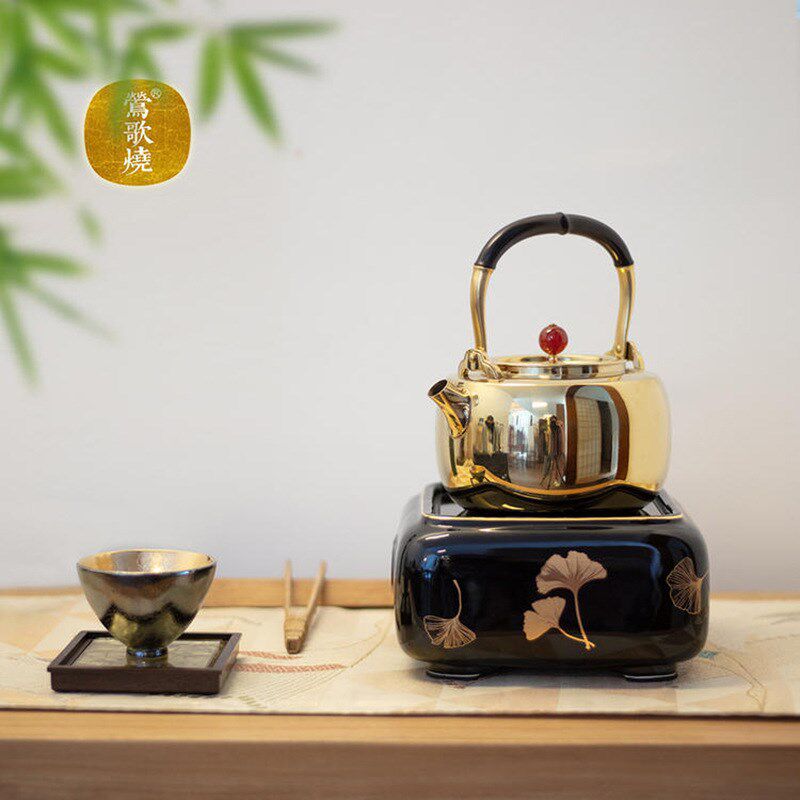 台湾莺歌b烧电陶炉茶炉四方黑地银杏纹煮茶器家用静音电热烧水炉